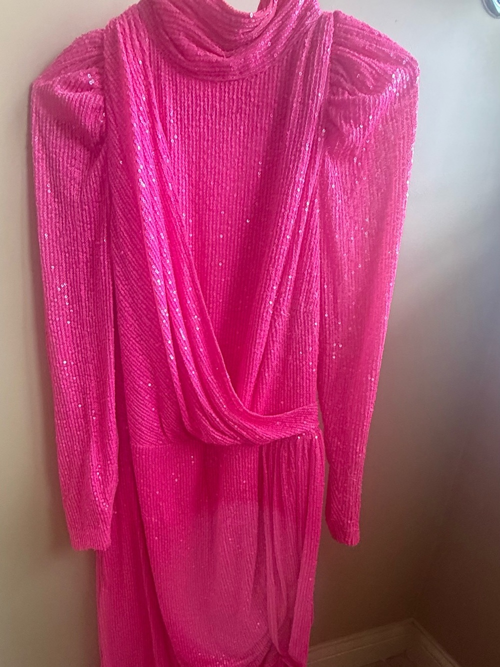 Fashion to Figure Hot Pink Sequin Draped Long Sleeve Dress